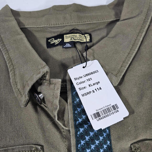 Suzanne Betro Denim Distressed Military Olive Green Jacket $114.00 Msrp -Size XL - Picture 3 of 10